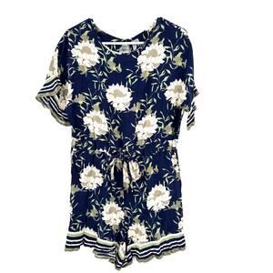 Blank London Size Medium Romper Blue Floral Cinched Waist Short‎ Sleeve Summer